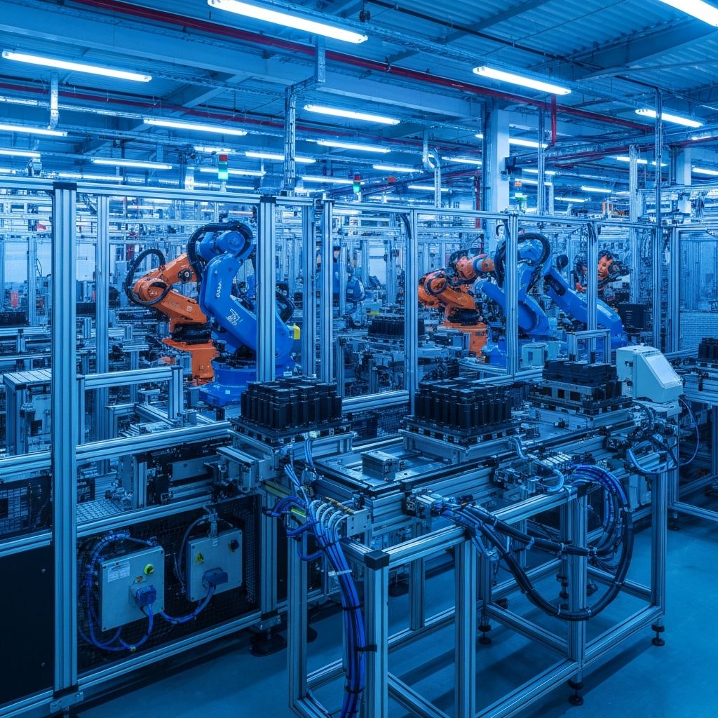 Modern automated factory floor with industrial robots